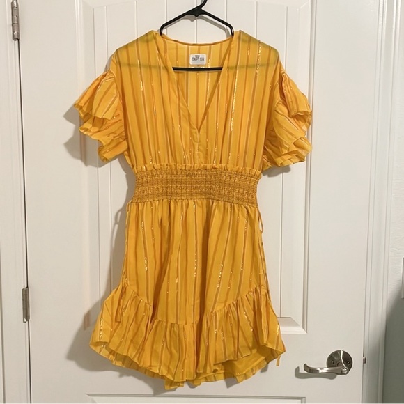 Saylor Cotton blend Yellow Striped Mini Tassel Dress Size Small - Picture 1 of 5